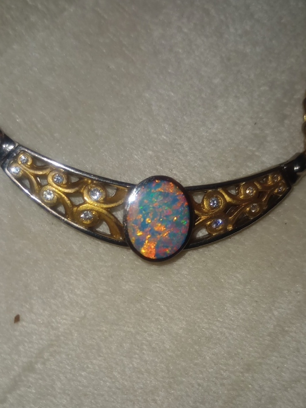 18K White Gold & 24K Gold Necklace Australian Opal Pendant And 8 .20 Ct Diamond